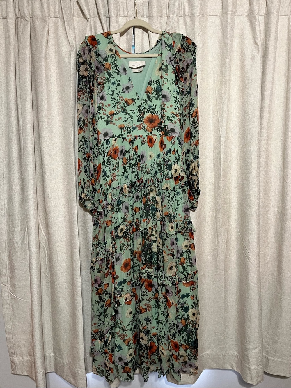 BHLDN Anthropology Floral Chiffon Plunge Long-Sleeve Ruffle Maxi Dress